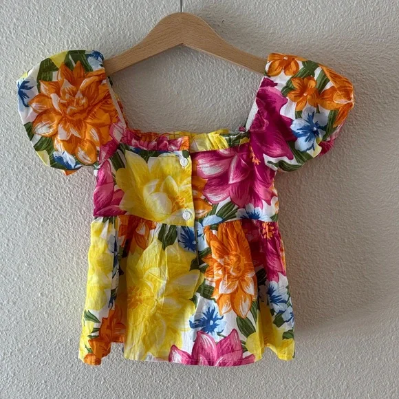 Janie and Jack Floral Puff Sleeve Top - Pink, Yellow, Blue - Picture 2 of 2